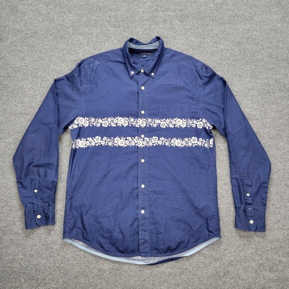 Tommy Hilfiger Shirt Mens Large Blue Floral Button Down Long Sleeve Preppy - Picture 1 of 9